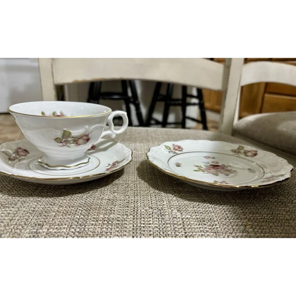 Schumann Bavaria Antique Rose Trio Tea Cup Saucer 6” Butter Plate Germany